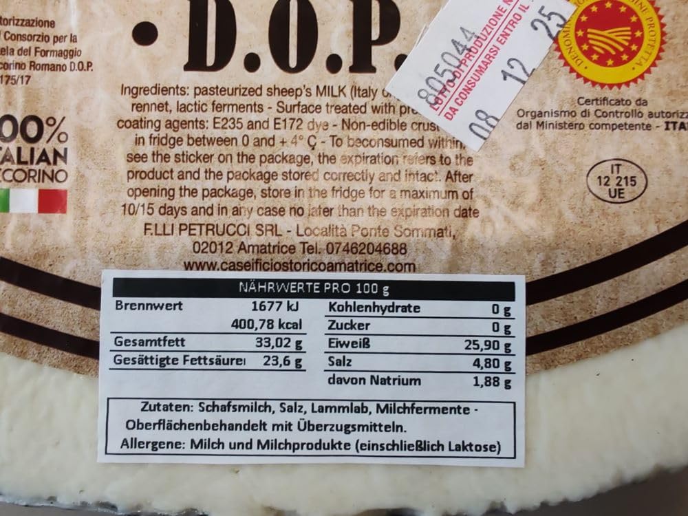 PECORINO ROMANO DOP Caseificio Storico Amatrice - 1 Kg. -Fromage de Brebis Assaisonné