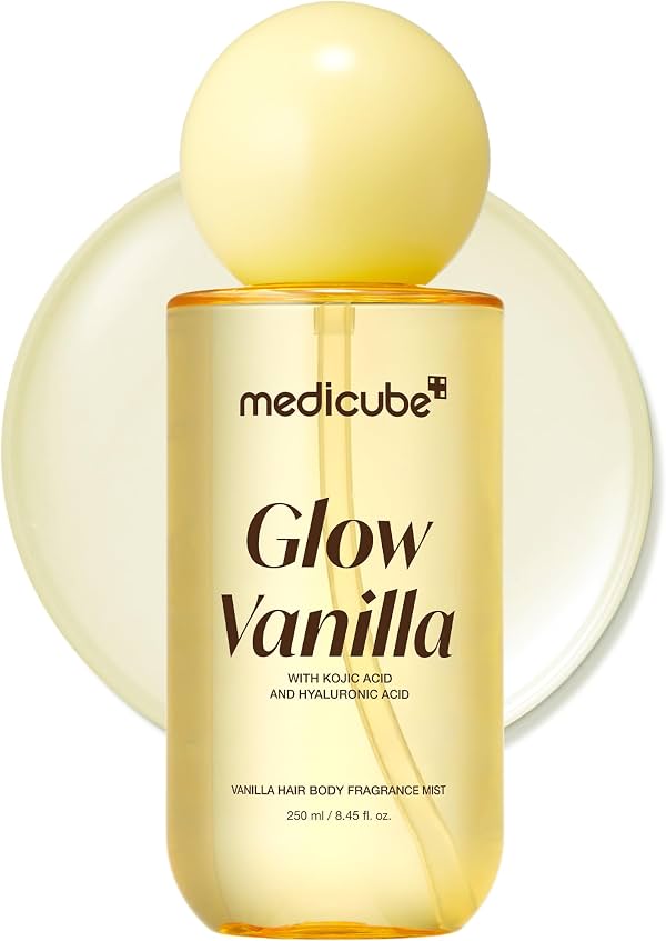 Bruma de fragancia para cabello y cuerpo Glow Vanilla medicube, 8.45 oz líquidas | Bruma perfume de almizcle vainilla cremosa dulce con niacinamida y ácidos hialurónicos – Frescura, cuidado de olor y brillo, cuidado corporal coreano, sin fragancia, 8.45 oz líquidas