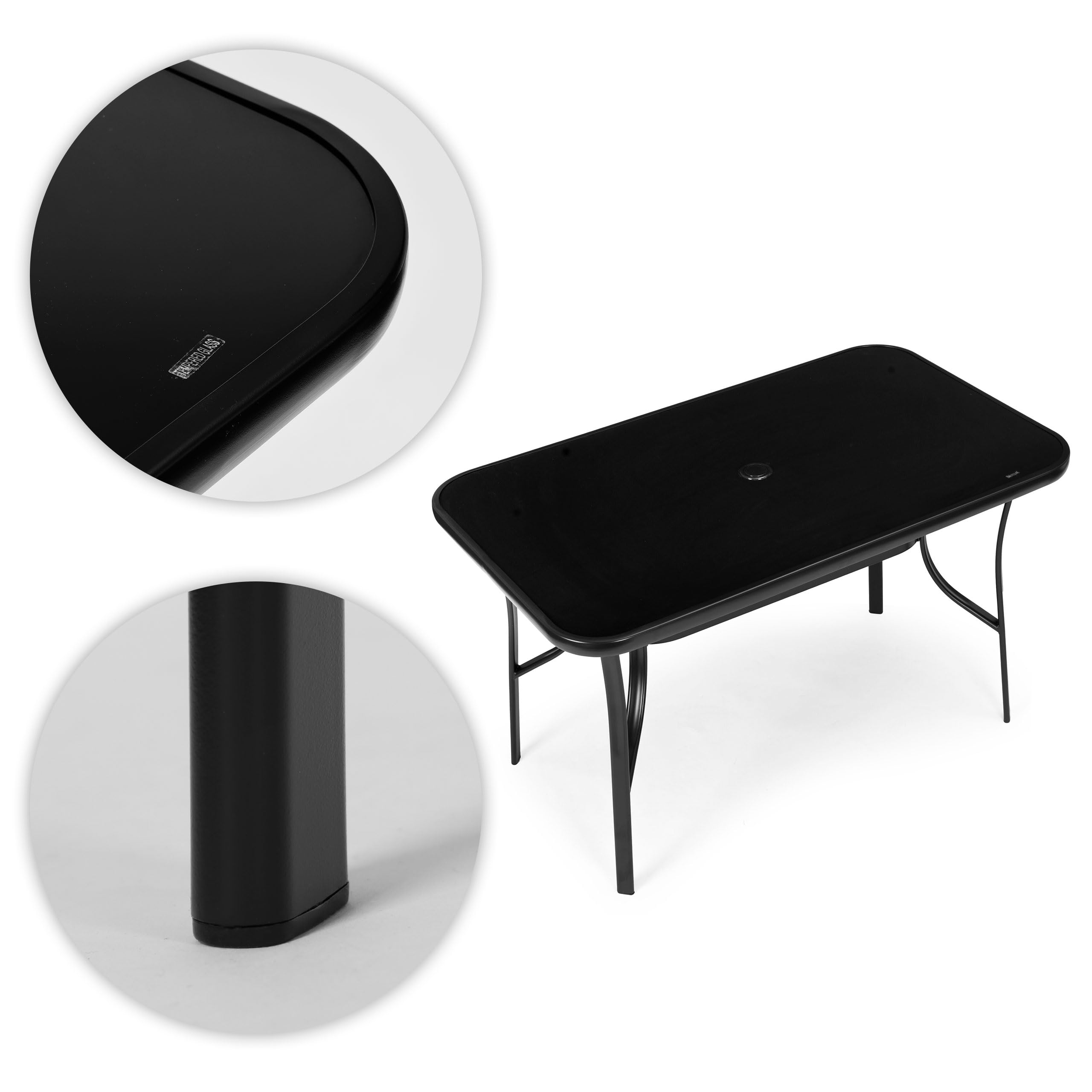 Mesa de jardín de 120 x 70 cm con tablero de cristal templado, mesa de terraza con orificio para sombrilla, mesa rectangular para balcón, mesa de exterior de acero