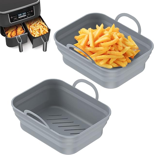 2 PCS Foldable Silicone Air Fryer Liner for Ninjas Dual Air Fryer AF300UK & AF400UK, Tower T17088, Upgraded Reusable Air Fryer Accessory for Home Kitchen (Gray)