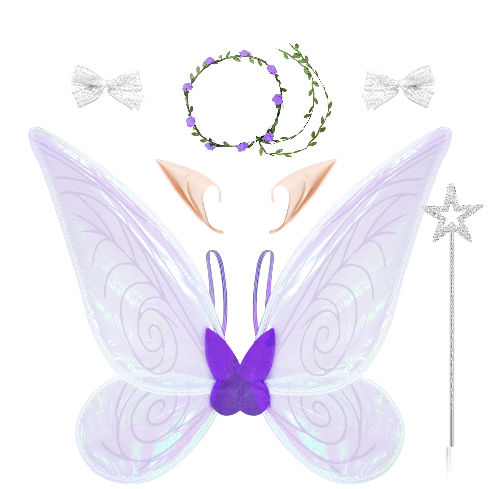 DTESL7PCS Fairy Wings Dress Up, Sparkling Sheer Butterfly Halloween Costume Angel Wings for Kids Girls Women