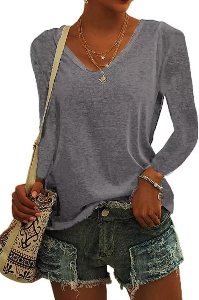 ASKSA Damen V-Ausschnitt T-Shirt Einfarbig Langarmshirts Oberteile Casual Lose Shirts Basic Hemd Tee Tops(Grau,XXL)