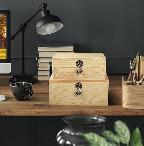 Miniatura 6 de Caja de almacenamiento de madera con cerradura y llaves, juego de 2 cajas decorativas de madera con tapas con bisagras y pestillo, caja de recuerdos