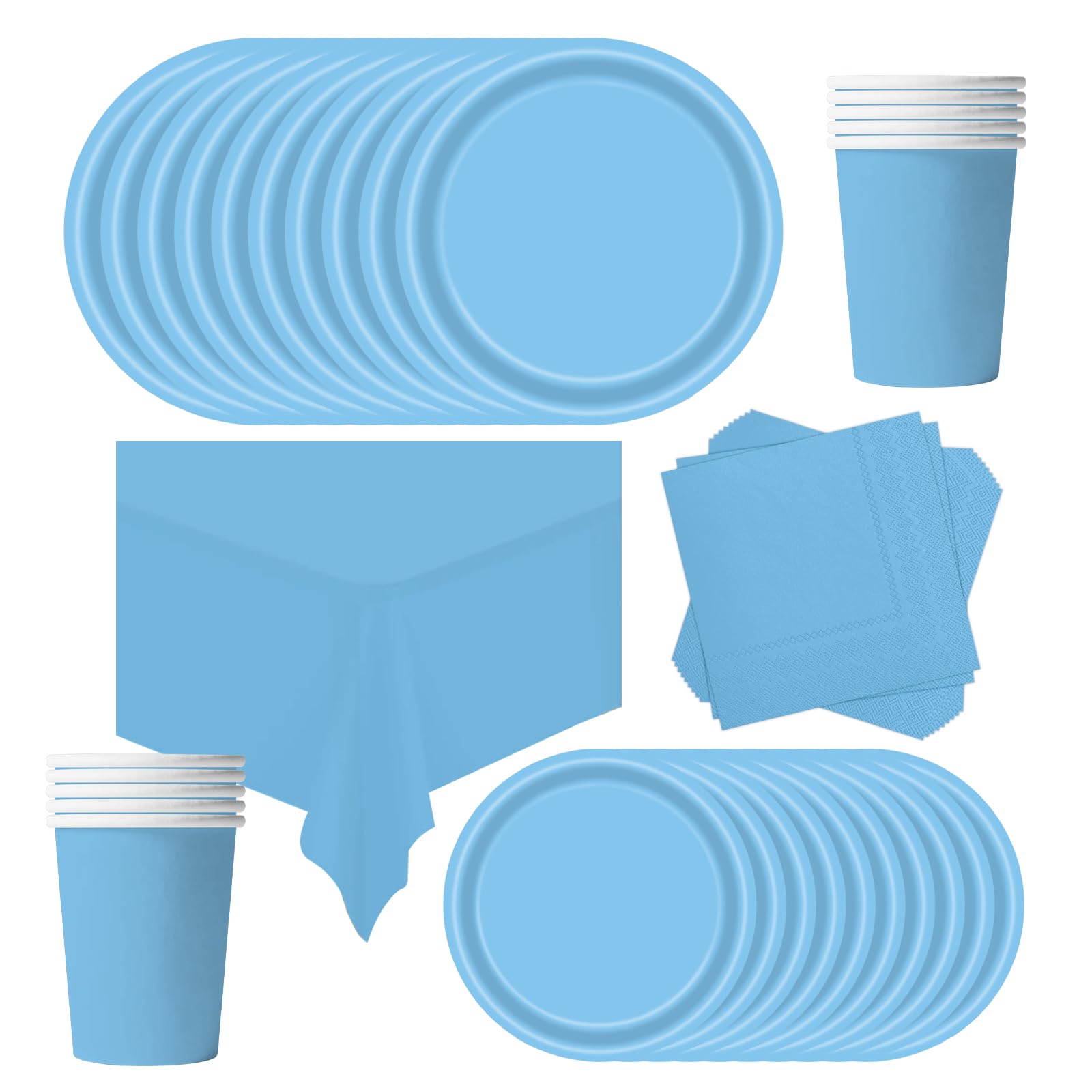 POPOYU 69Pcs Baby Blue Party Paper Tableware Set,Blue Party Paper Plates Tablecloth Cups & Napkins Tableware Set for Kids Birthday Christmas Easter Baby Shower Parties Supplies Table Decor (16 Guests)