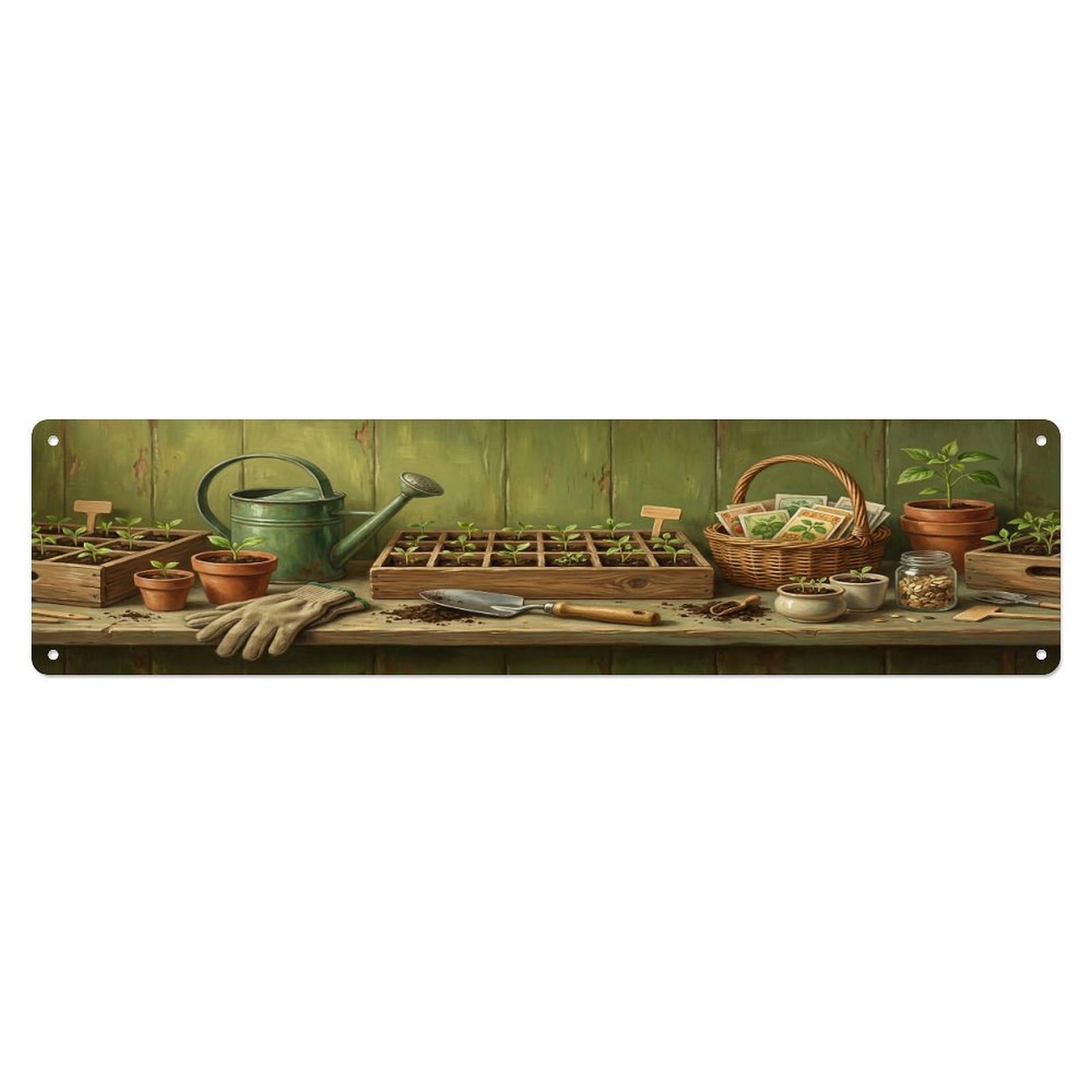 Floral Garden Tools Seedling Tray Pattern Print Metal Tin Sign