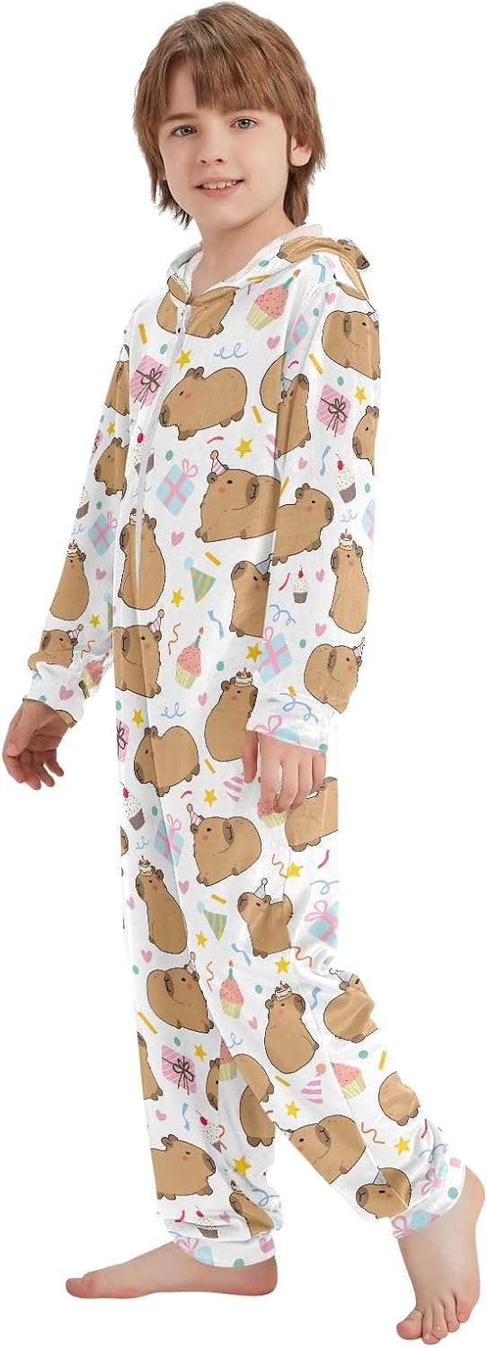 Cute Capybara Cartoon Birthday Party Onesie Pajama, One Piece Sleepwear Jumpsuits for Daily Wears and Sleep Wears