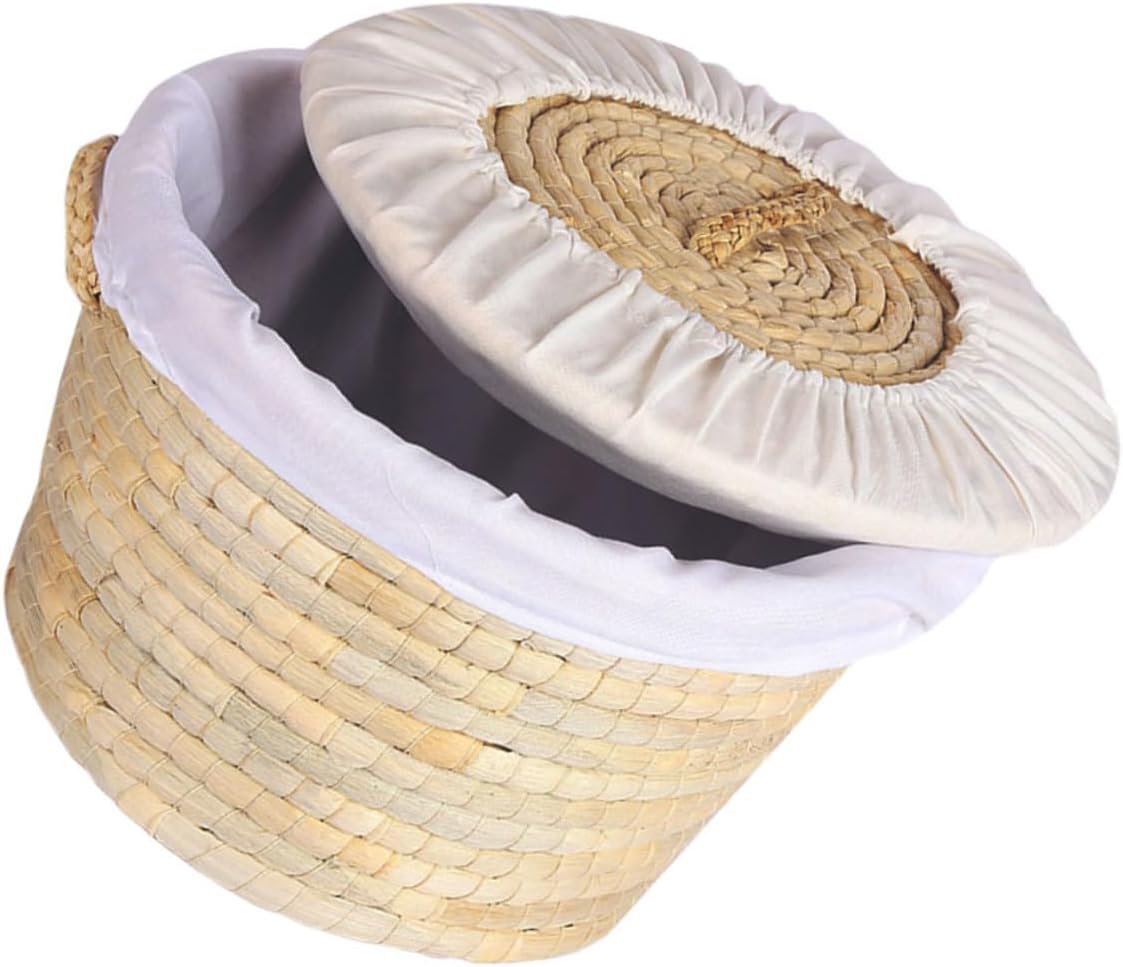 VICASKY Corn Husk Bread Basket with Lid 30cm round Woven Storage Basket for 8-10 Buns for Kitchen and Dining Use