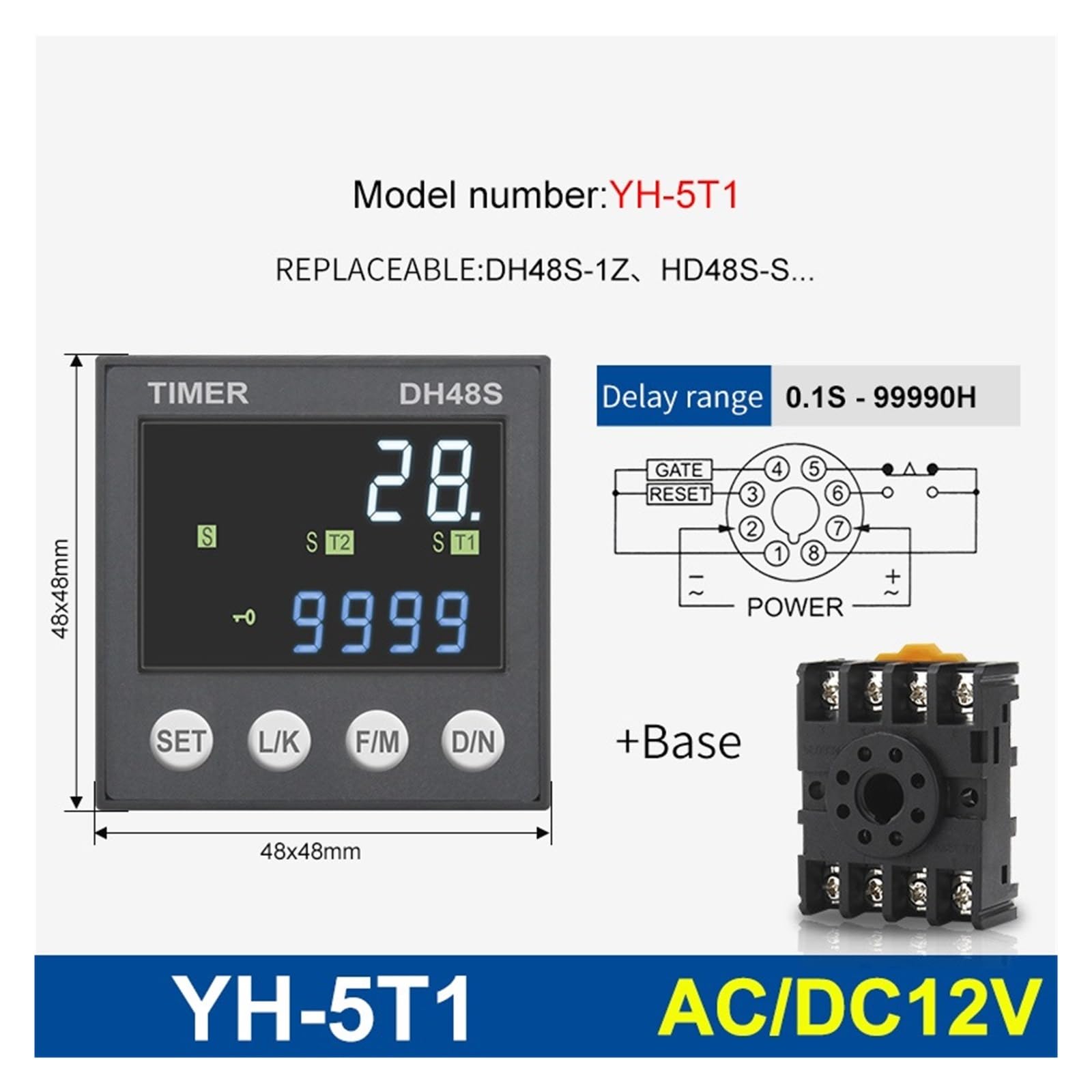 Relé de retardo programable de precisión DH48S DC/AC24V AC220V 0,01 S-99990H con relé de Tiempo de la Serie DH48S de Base Exterior(YH-5T1-12V ACDC)