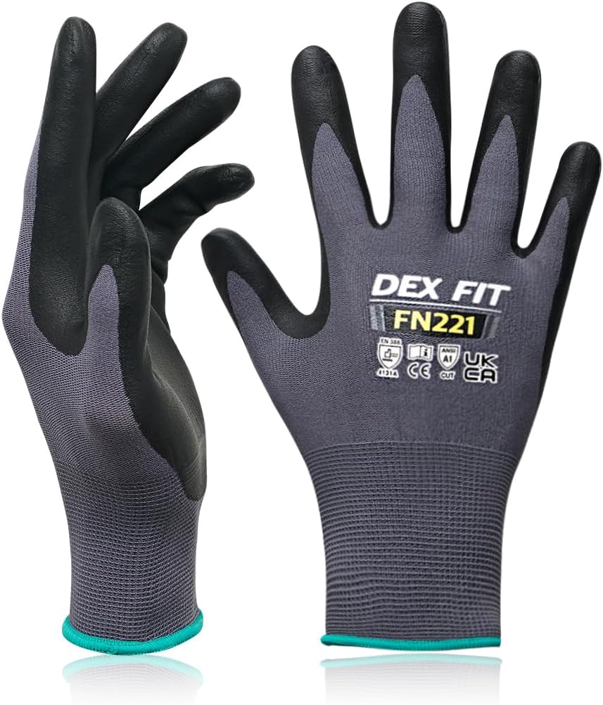 DEX FIT FN221 Thin Nitrile Coated Work Gloves — 15-Gauge 3D Comfort Fit, Power Grip Palm, Touchscreen