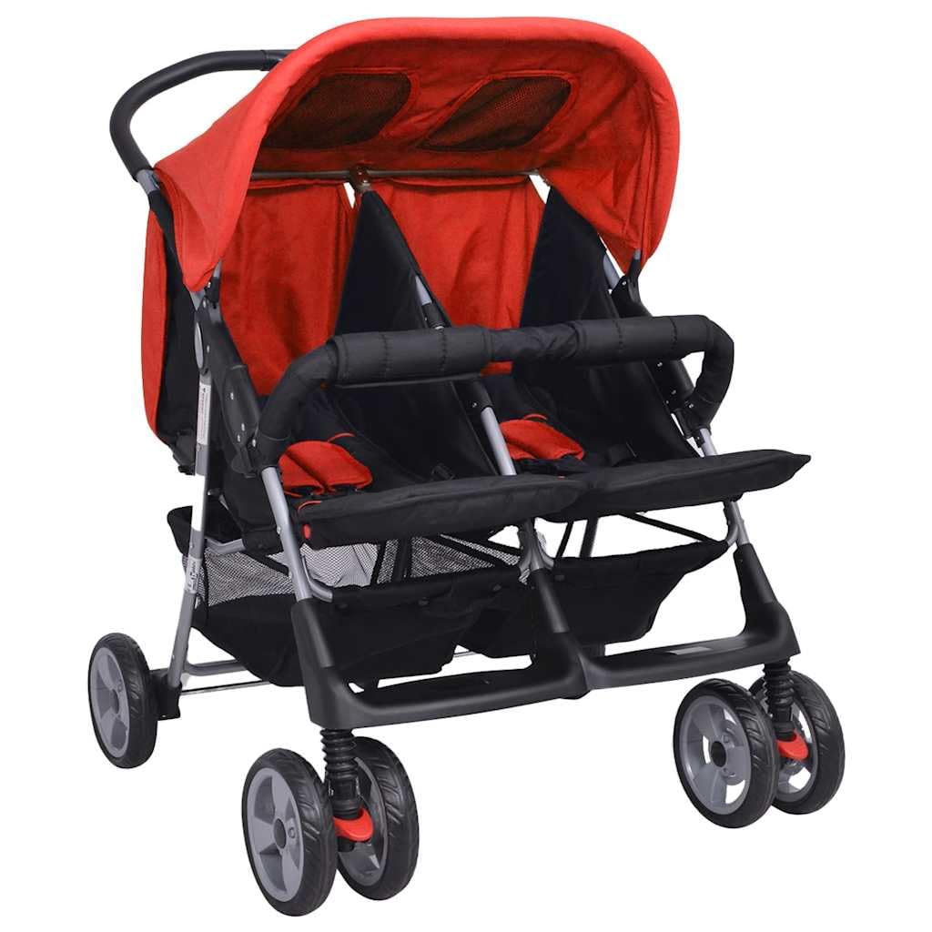 Poussette Double, Poussette Deux Places pour Jumeaux Pliable Acier Rouge et noir
