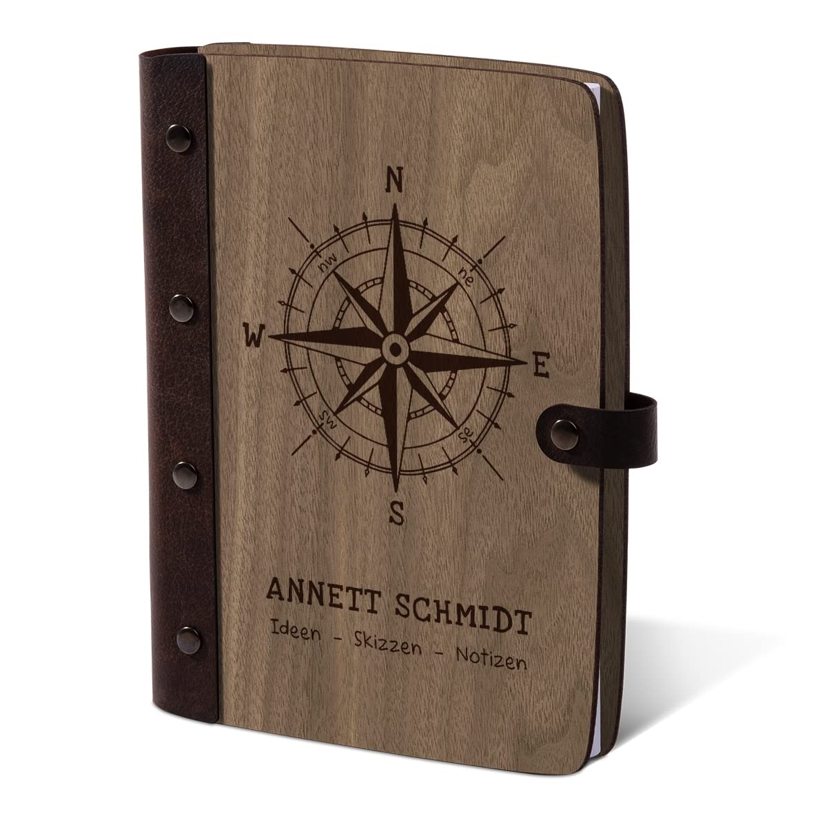 Personalisiertes Notizbuch Holzcover mit Echtleder Rücken 72 Blatt | 144 Seiten A5 hoch 158x222mm Nussbaum Amerikanisch - Kompass