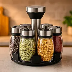 Conjunto 6 Porta Condimentos Temperos Cozinha Em Vidro Com Suporte Giratório 360°