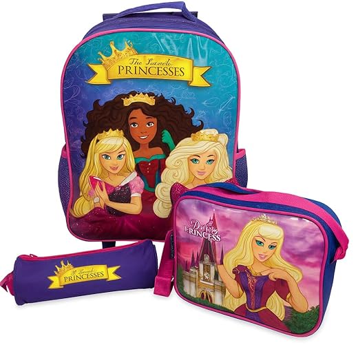 Kit Mochila Infantil Escolar Princesas 3 Peças com Rodinhas, Lancheira Térmica e Estojo - Roxa e Rosa, Meninas Volta às Aulas
