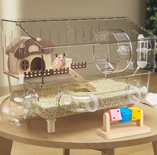 Acrylic hamster cage with accessories exercise wheel water bottle platform hide-out bath tub