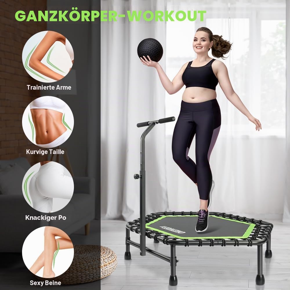ONETWOFIT 107/114cm Trampolin lndoor,Rückprall Trampolin für Erwachsene, Leises Mini Trampoline für das Outdoor Training, Fitness Trampoline mit Bungee Rückpraller