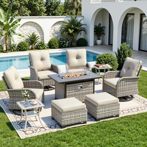 Image of 9-Piece Small Patio Furniture Set, Outdoor Swivel Rocking Chairs Set with 55,000 BTU Fire Pit Table Wicker Chairs and Ottomans, Patio Bistro Set for Balcony, Deck, Porch, Ivory