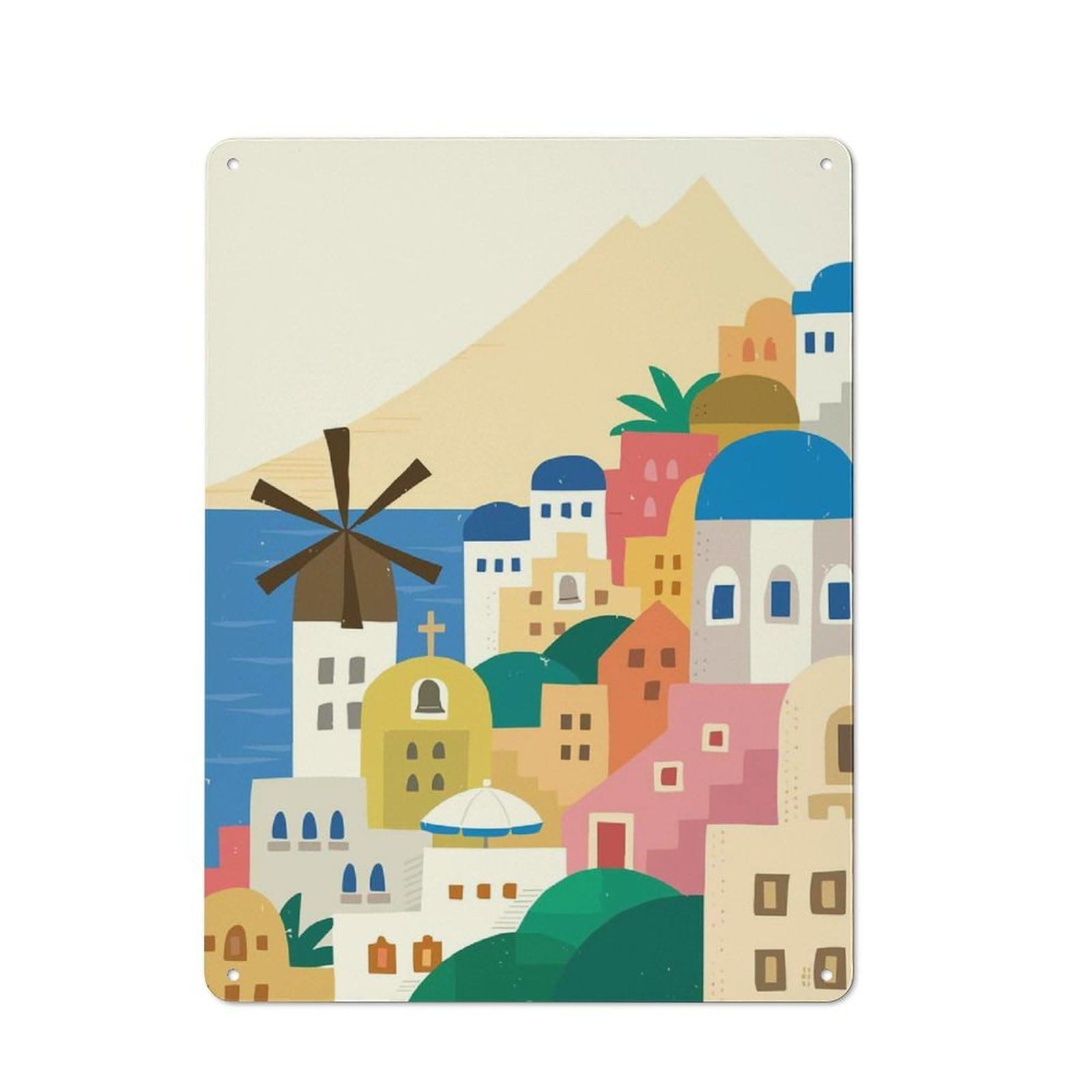 Junmoney Style-14 Tin Wall Plaque 40X30cm With Greek Island Village For Garage Wall, Suited To People Furnishing A Garage