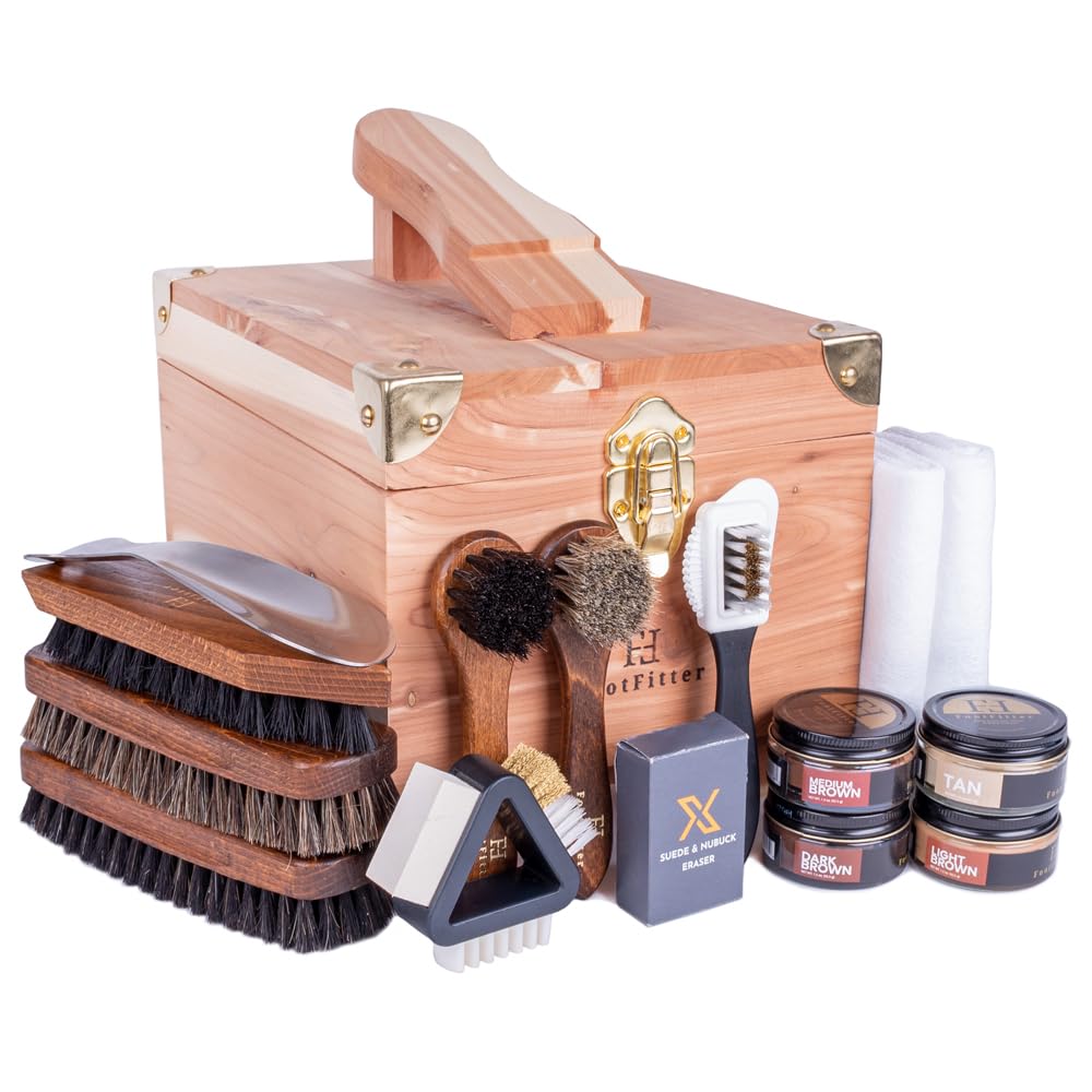 Leather Shoe Shine & Suede Cleaning Set with Grand Cedar Valet Box, Polish Creams, Brushes & Premium Care Tools
