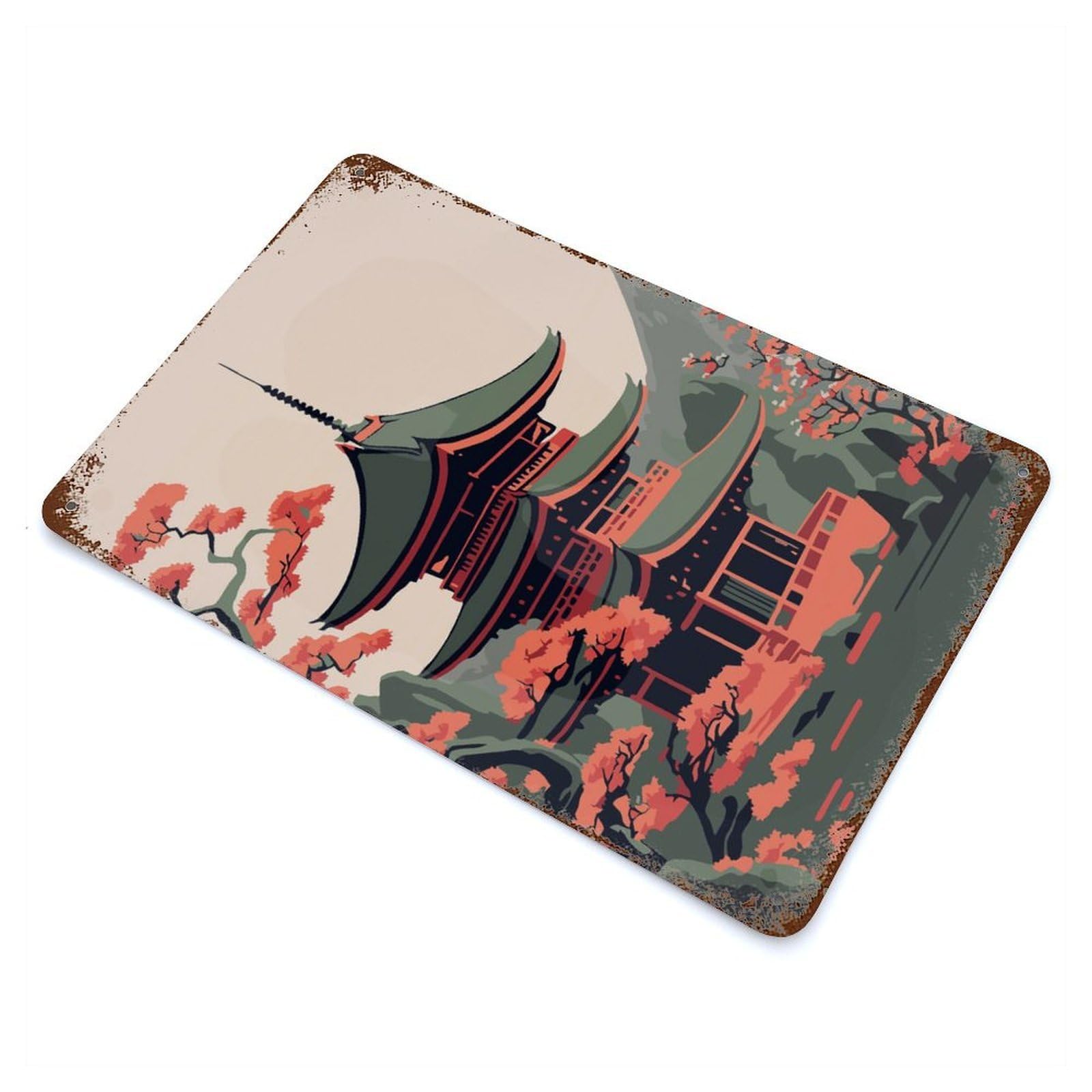 Weathered Tin Sign with Pagoda Japan Design 11.8"x7.9", for Basement, Hobby Room And Garage Decor, Industrial Home Decor