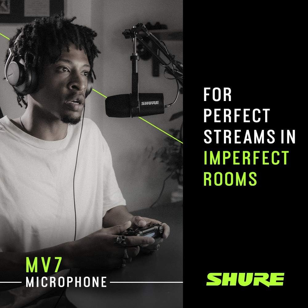 Shure MV7 USB Podcast Microphone for Podcasting, Recording, Live Streaming & Gaming, Built-In Headphone Output, All Metal USB/XLR Dynamic Mic, Voice-Isolating Technology, TeamSpeak Certified - Silver: Musical Instruments