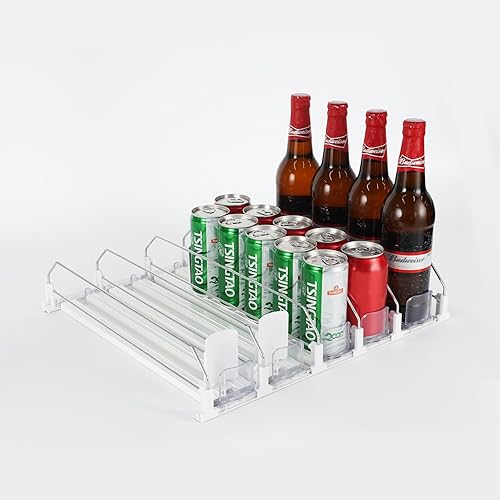 Organizador de bebidas para refrigerador con barandillas de doble nivel, estante ajustable para refrigerador con capacidad para 30 latas, botellas