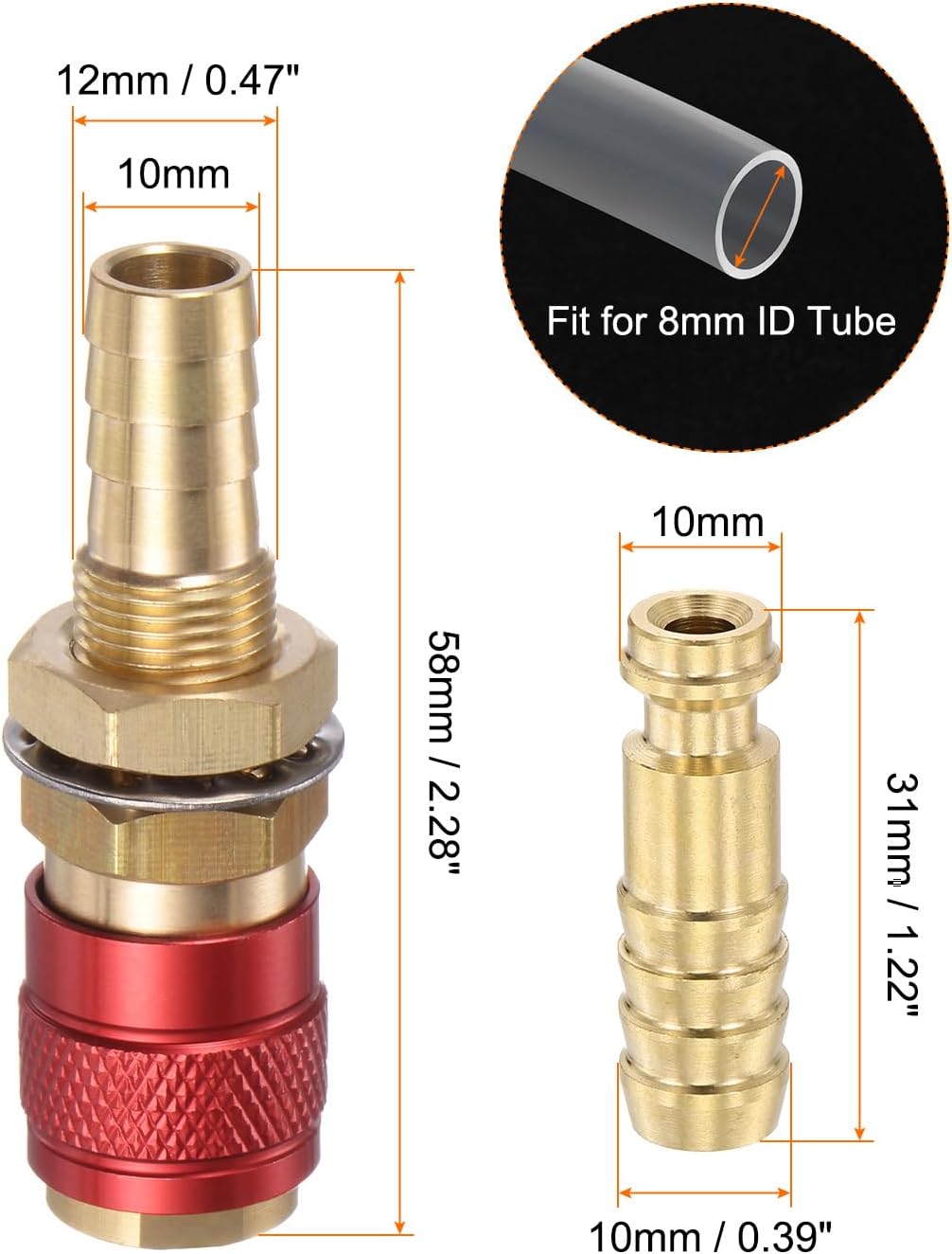 HARFINGTON 2pcs Gas & Water Quick Connector for Tube Inner Diameter 10mm with Hose for TIG 12 18 20 27 Quick Connect Fittings Welding Torch Gas Release, Red