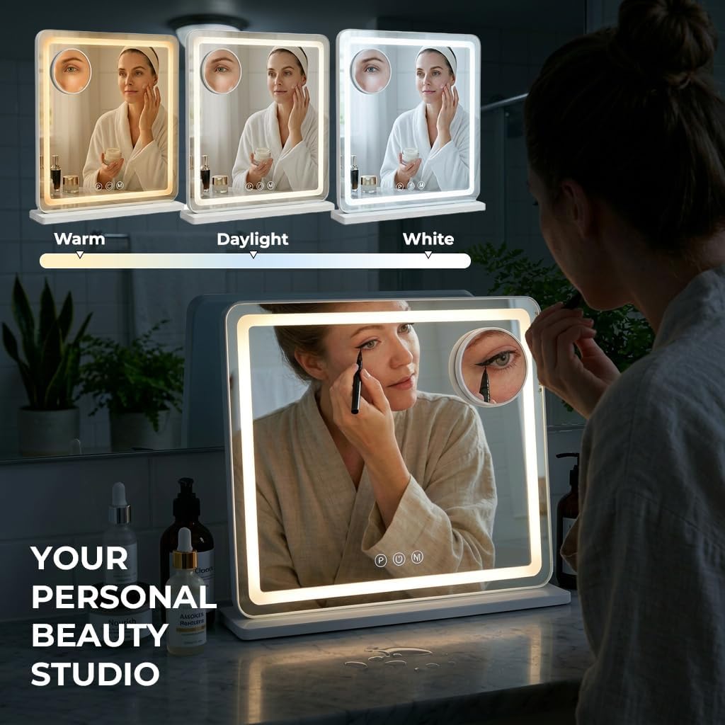 Vanity Mirror with Lights 18"x23", Lighted Makeup Mirror with 3 Color Lighting Modes, 10X Magnification, Vanity Mirror Square White for Bedroom Tabletop - White