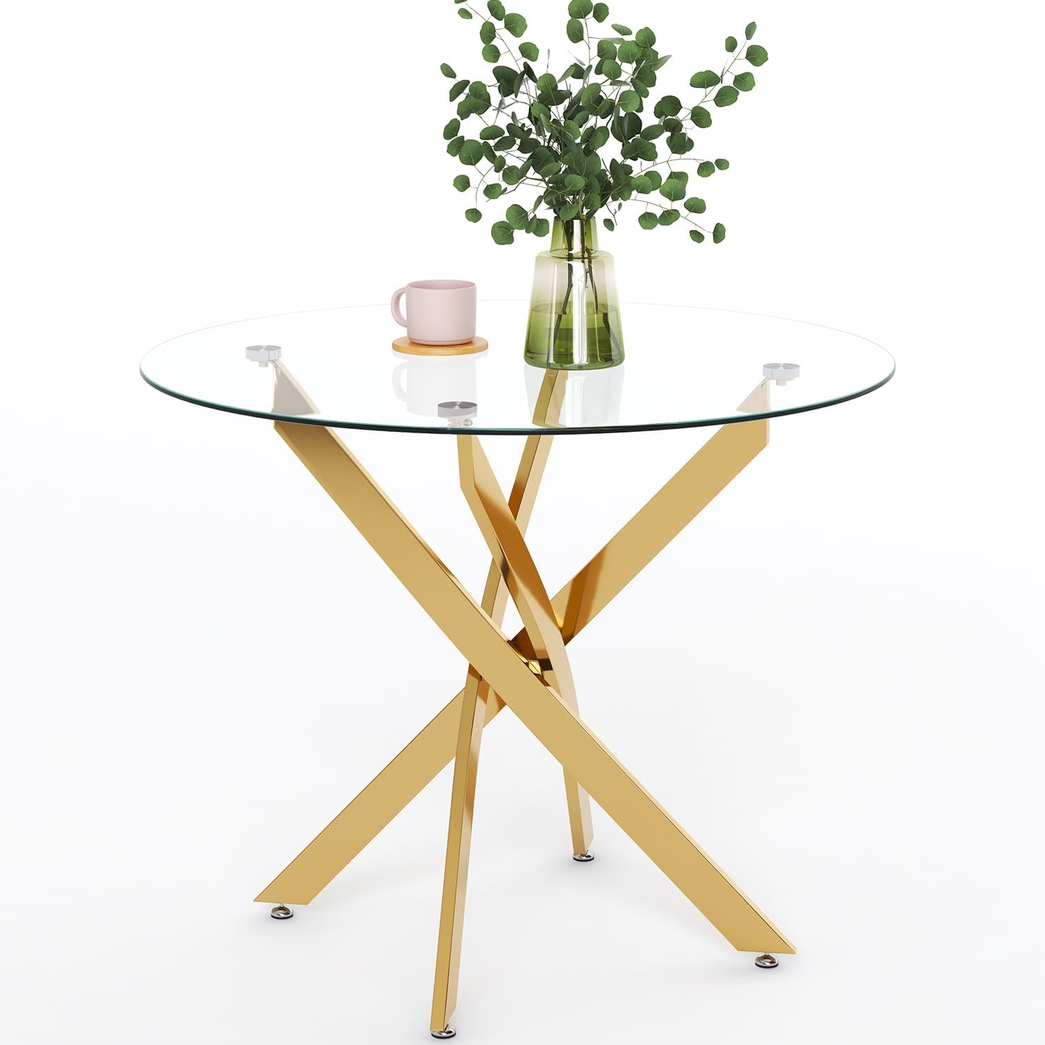 GOLDFAN Round Glass Dining Table Modern Kitchen Table with Gold Metal
