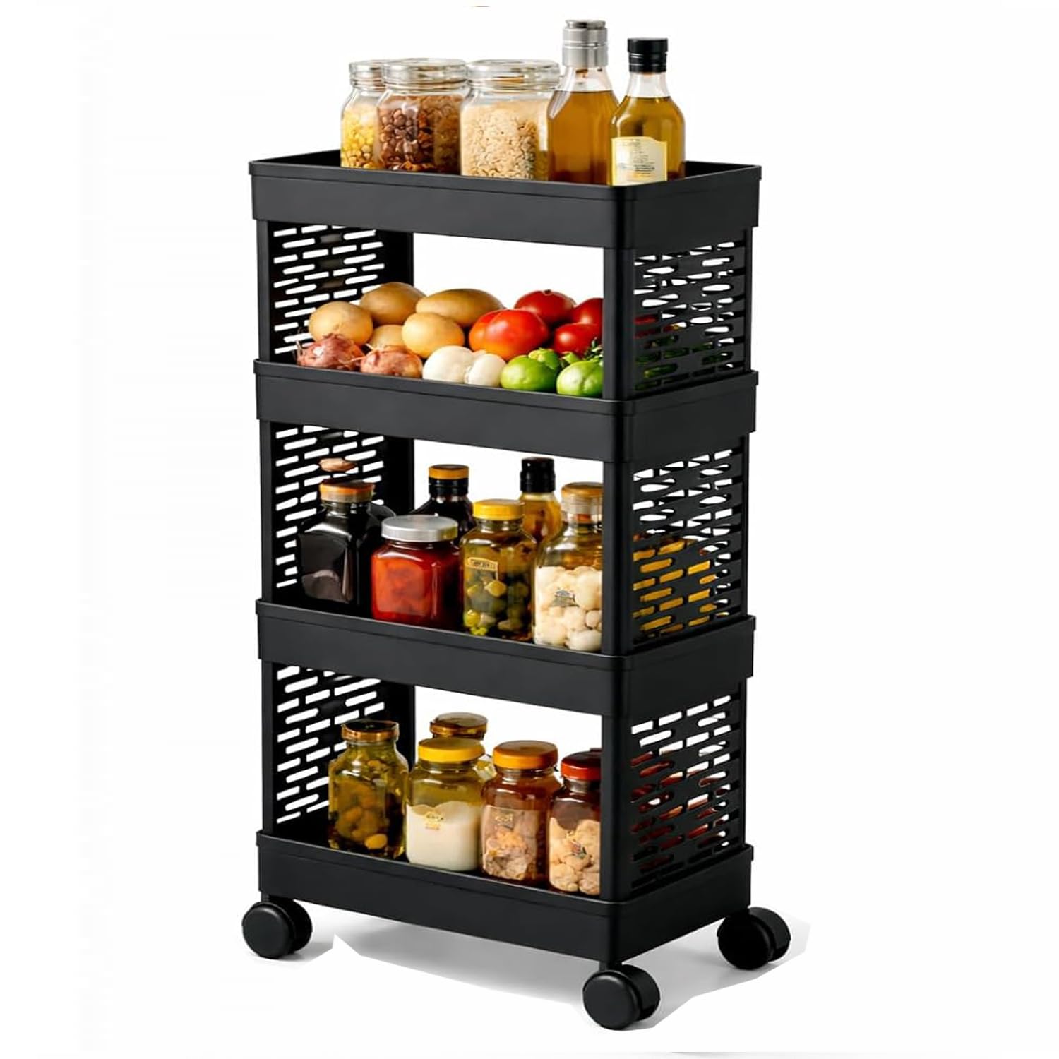 YouCopia Multi Trolly Multipurpose Portable Storage Floor Standing Or Tabletop Rack|Trolley with Wheels for Kitchen Storage, Tiered Shelf Kitchen Trolley Modern Kitchen Storage Rack (Black-4-Layer)