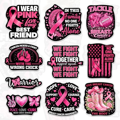 (10PCS 3 Inch) Breast Cancer Awareness Stickers Pink Ribbon Support Decals for Women Waterproof Vinyl Breast Cancer Stickers for Laptop Water Bottle Phone Scrapbook Journaling Supplies
