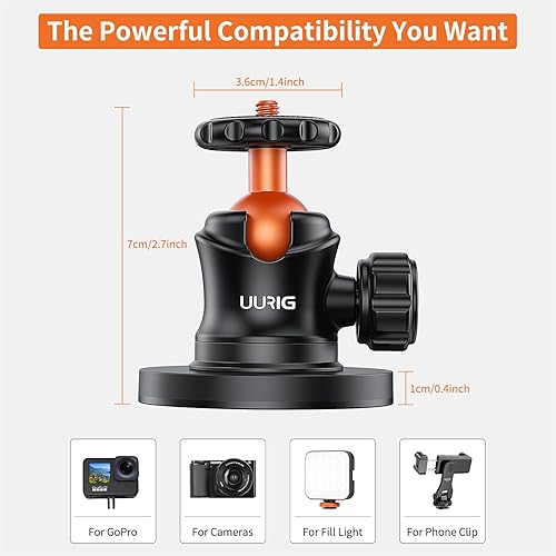 Miniatura 4 de UURIG Soporte magnético para cámara GoPro, soporte de base de montaje magnético con soporte de cámara de 14 "-20 hilos con cabeza de bola de 360