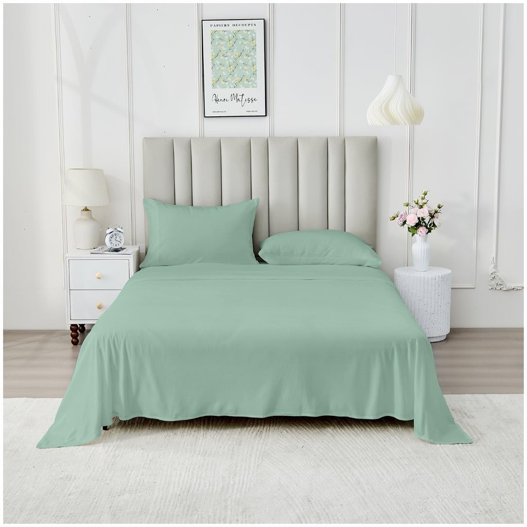 Soft Touch Plain Fitted Sheet, Flat Sheet & Pillowcases Set - Ultra-Soft Bedding Set โ Lightweight, Breathable, Easy-Care Bed Sheets for Double & King Size Bed (Sage Green, Double)