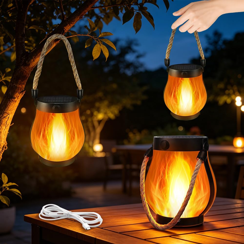 RNPKZ Hanging Solar Lantern, Waterproof Outdoor Solar Lantern with Realistic Dancing Flame, Dual Charging USB-Solar Powered Hemp Rope Hanging Lantern, Solar Flame Light for Outside,Yard Camping(2PCS)