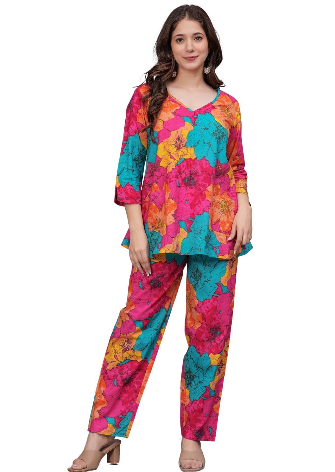 Rytras Women's Pure Cotton Printed Straight Kurta Set With Palazzo Pants - Ethnic Wear, Pink(Ryt606-New,L)