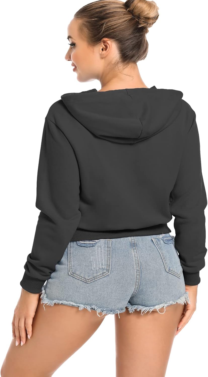 Women's Cropped Zip Up Hoodie Casual Long Sleeve Workout Hooded Sweatshirt Coat - Image 3