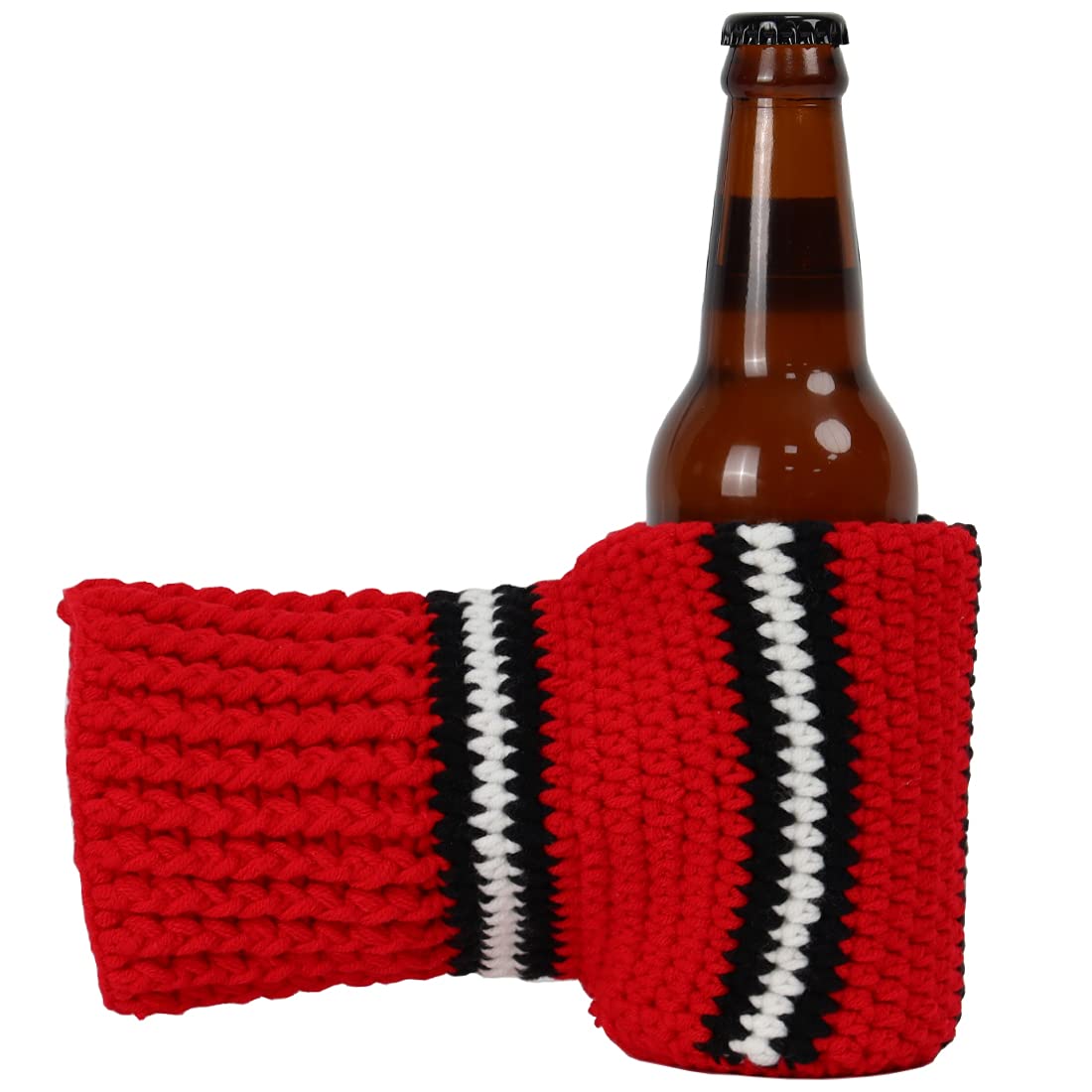FunisFun Beer Mitten Gloves, Knit Stitched Drink Mitt Holder for White Elephant Gag Gift Tailgating Idea, Blackhawk-red, Large