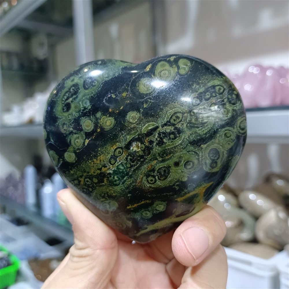 Green Peacock's Eye Stone Carved Hearts Crystal Gem Home Office Degaussing Decoration (Size : 210-300g)
