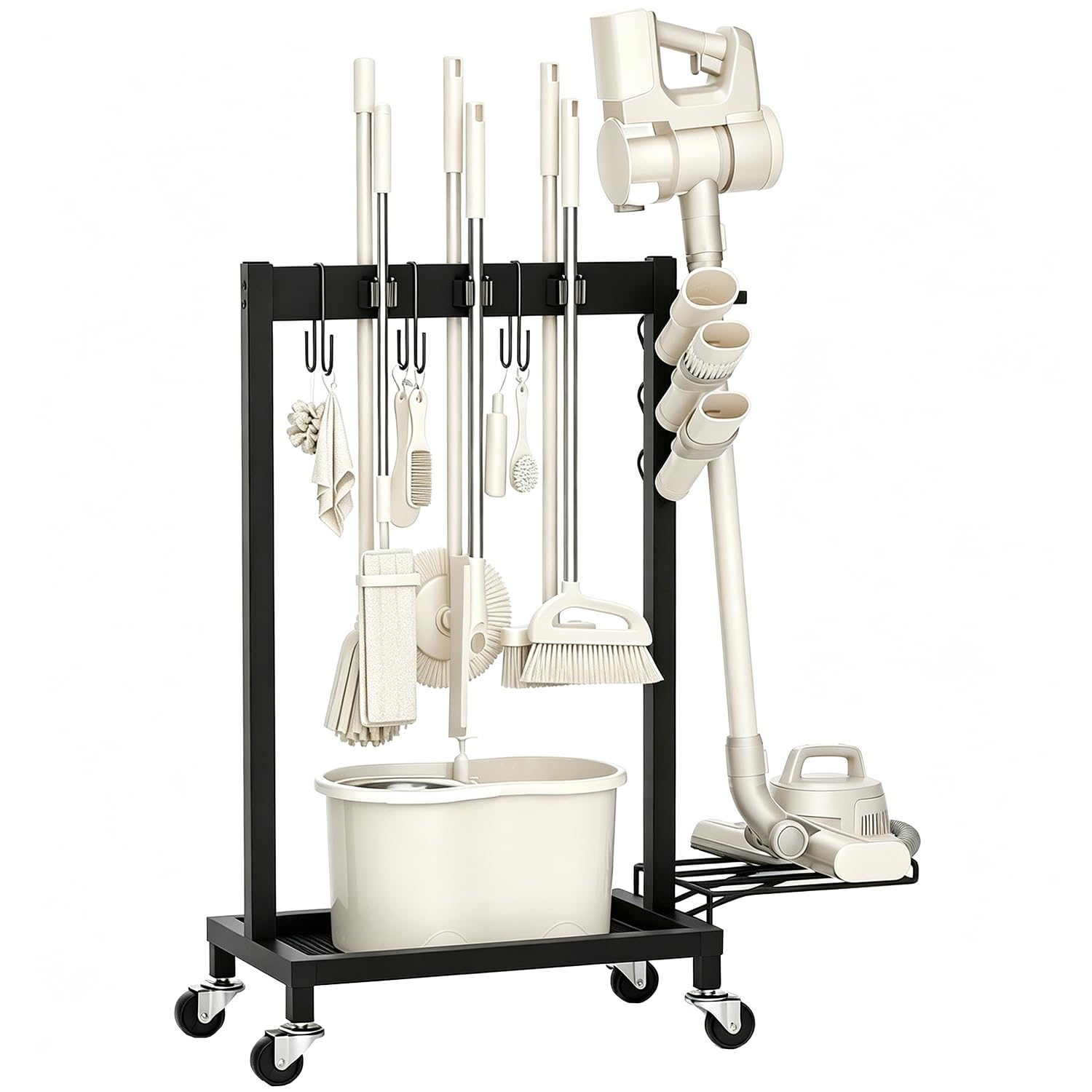 Besenhalter mit Ablage für Reinigungsutensilien, Besenhalter auf Rollen, Halter für Besen und Mopps, Reinigungswagen mit 6 Mopp-Haken, inklusive 3 Doppelhaken, Tragkraft 68 kg