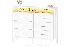BOLUO 6 Drawer Dresser White Finish with LED Light and Charging Station(Upgrade Version)