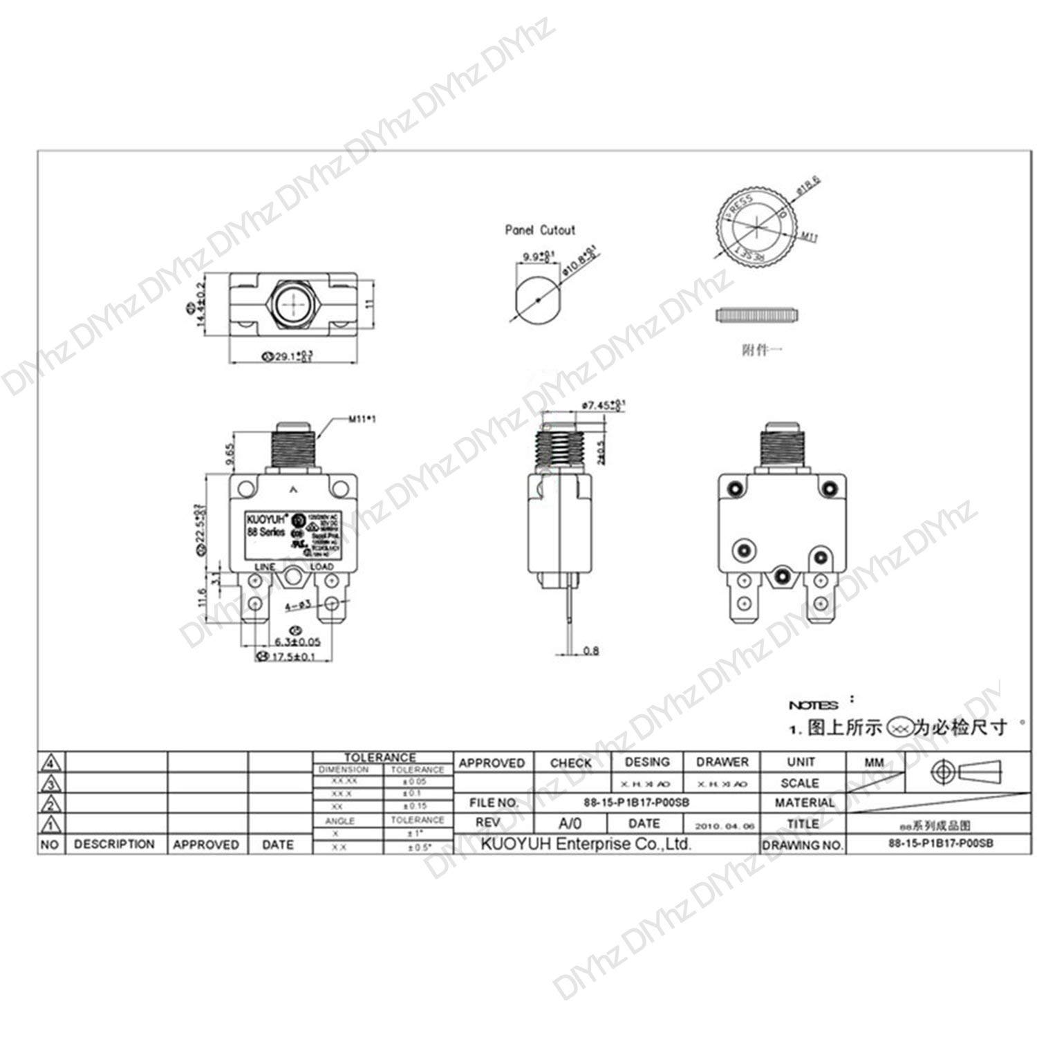 DIYhz 15Amp Circuit Breakers Thermal Overload Switch Protector 88 Series Manual Push Button Reset with Quick Connect Terminals and Waterproof Button Cap 32VDC or 125/250VAC 4PCS: Tools & Home Improvement