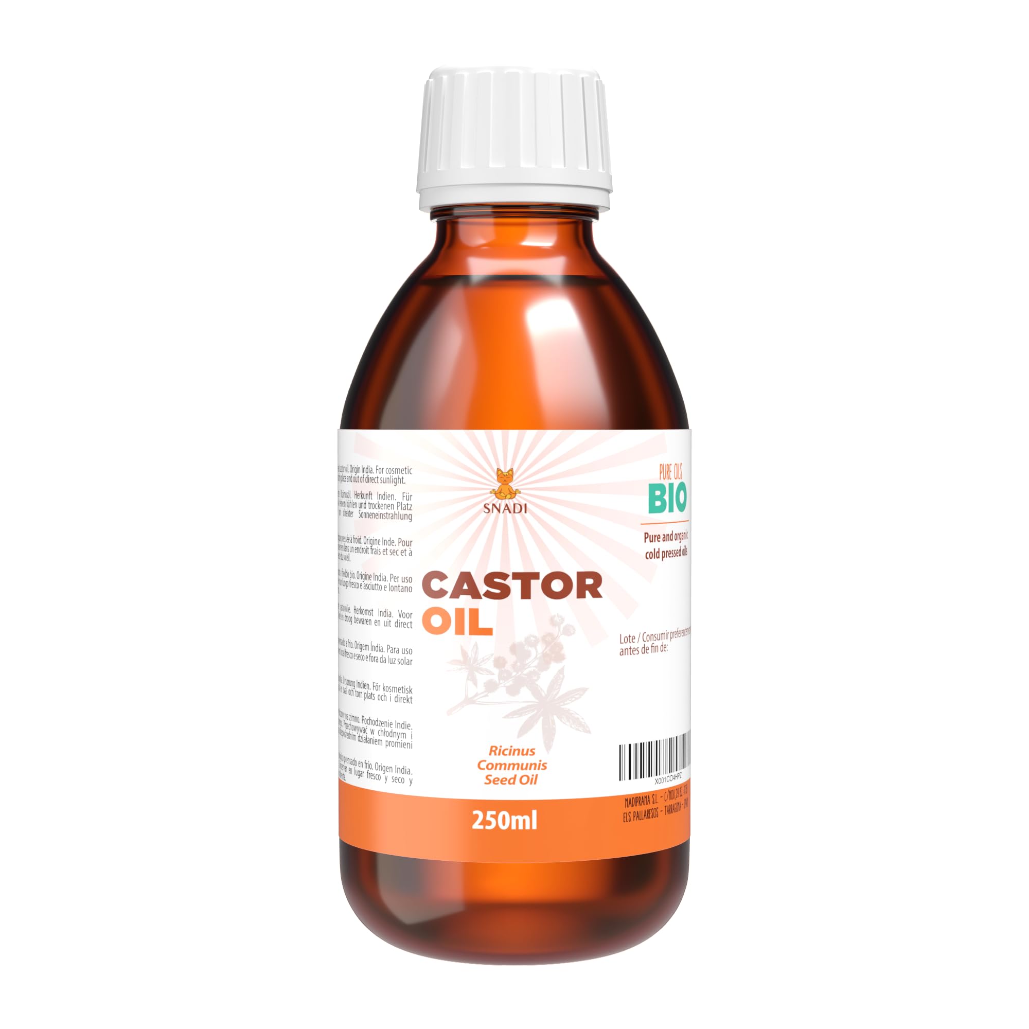 Snadi - Aceite de Ricino BIO Puro | 250 ml | Prensado en Frío | Antioxidante, Antienvejecimiento | Hidratante para Piel Cuerpo y Cabello Secos | Estimula Crecimiento de Pestañas y Barba | Ecológico