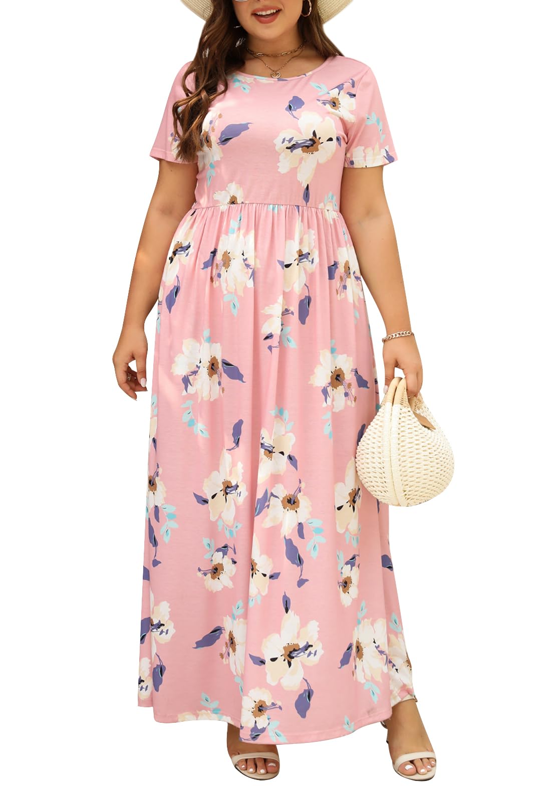 Nemidor Plus Size Maxi Dresses for Curvy Women Summer Casual Loose Short Sleeve Long Beach Dress with Pocket