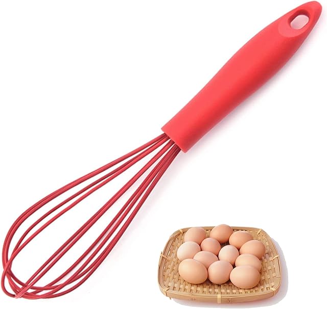 Silicone Whisk, Heat Resistant Kitchen Whisks for Non-Stick Cookware, for Blending, Whisking, Beating, Frothing & Stirring, Can be Suspended, Saving Space, Red