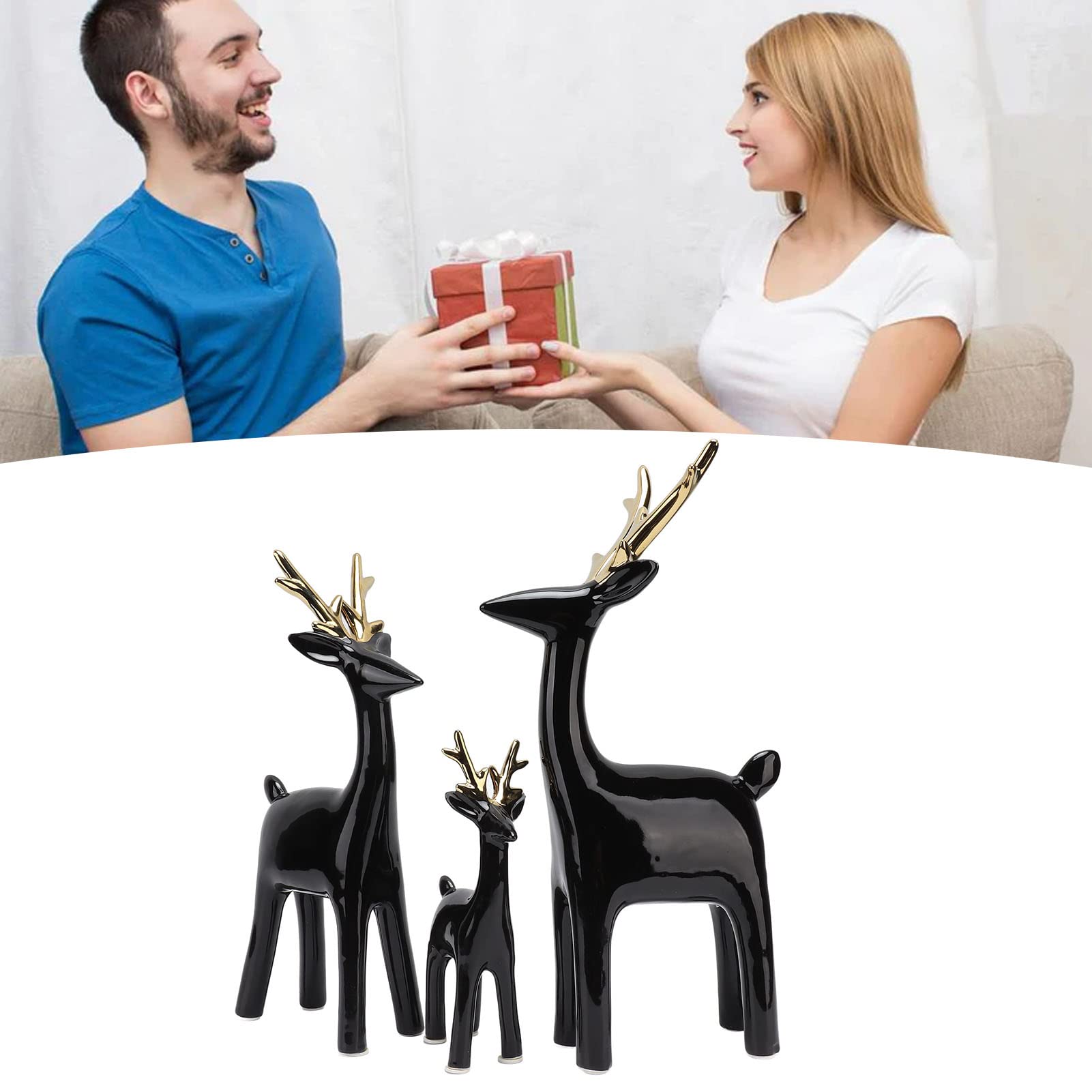 Hidyliu Hirsch-Skulptur, Bezaubernde Dekorative Tischakzente für Wohnzimmer, Hotel, Veranda, 3 Stück (Schwarzes Gold)