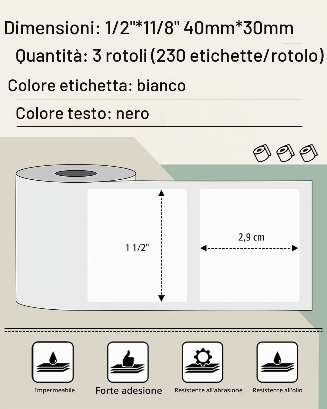Phomemo 3 rotoli di etichette M110, 40 x 30 mm, multiuso, autoadesive, termiche, per Phomemo M110, M220, M221, M120, M150, M250, M260, M108, M100, M102, M200, 230 Rotolo, 3 rotoli