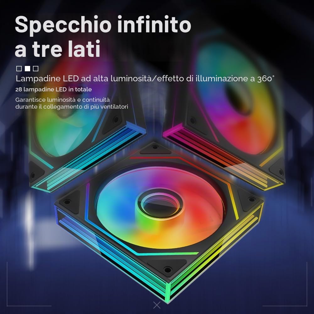 TZMRIT Prism 6MAX Reverse Blade RGB PC Ventola 120 mm 3 pezzi [Rettangolo Infinity Mirror MAX] [1850±10% RPM] 5V3PIN ARGB e 12V4PIN PWM Ventola Nero