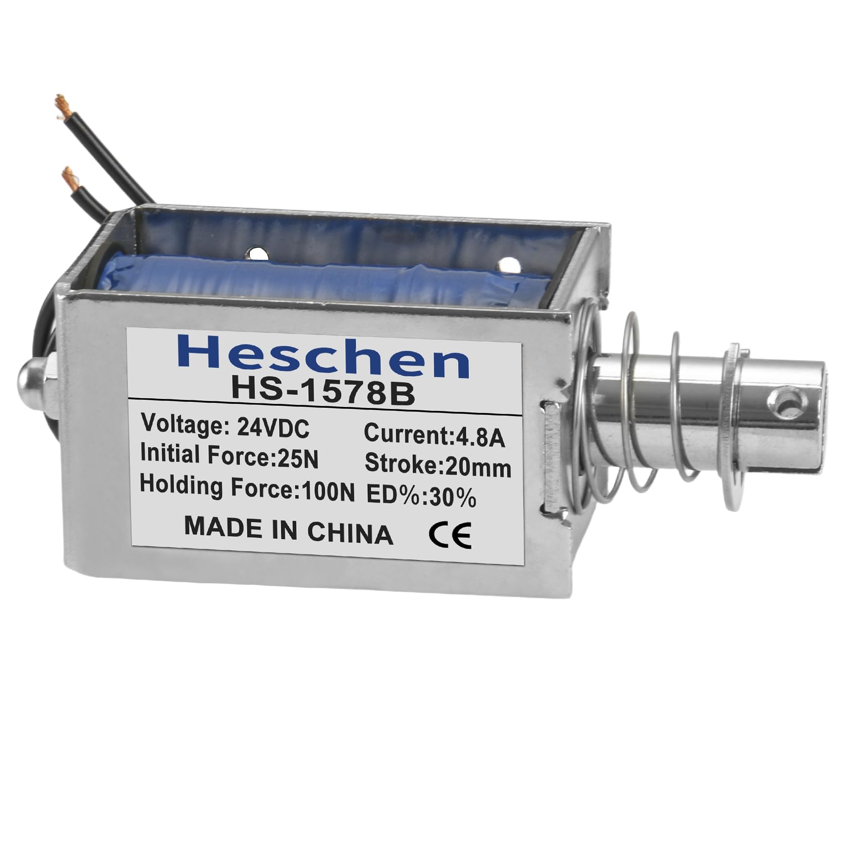 Heschen Electroimán de solenoide, HS-1578B, DC24V 3.2A, carrera de 25mm, fuerza 50N, tipo Push Pull Tipo, marco abierto, movimiento lineal