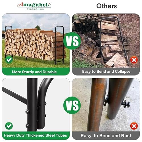 Amagabeli Garden & Home FIREPLACE211 8Ft Firewood Log Rack With Cover Combo Set Waterproof Outdoor Log Holder Fireplace Heavy Duty Wood Stacker Patio Pit Storage Steel Tubular Pile Rack Tool Accessories Black thumb #3