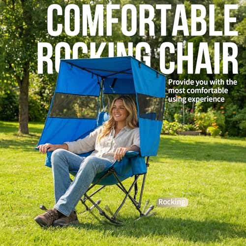 Nice C Rocking Camping Chair with Canopy, XL Oversized Folding Rocker for Adult, Outdoor Umbrella Chairs with Shade, with Cup Holder, Cooler Bag, Carry Bag, for Sports, Patio, Backyard (1 Pack, Blue)