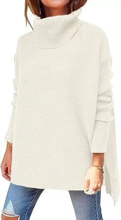Womens Turtleneck Oversized Sweaters Long Sleeve Split Hem Striped Knit Pullover Tops